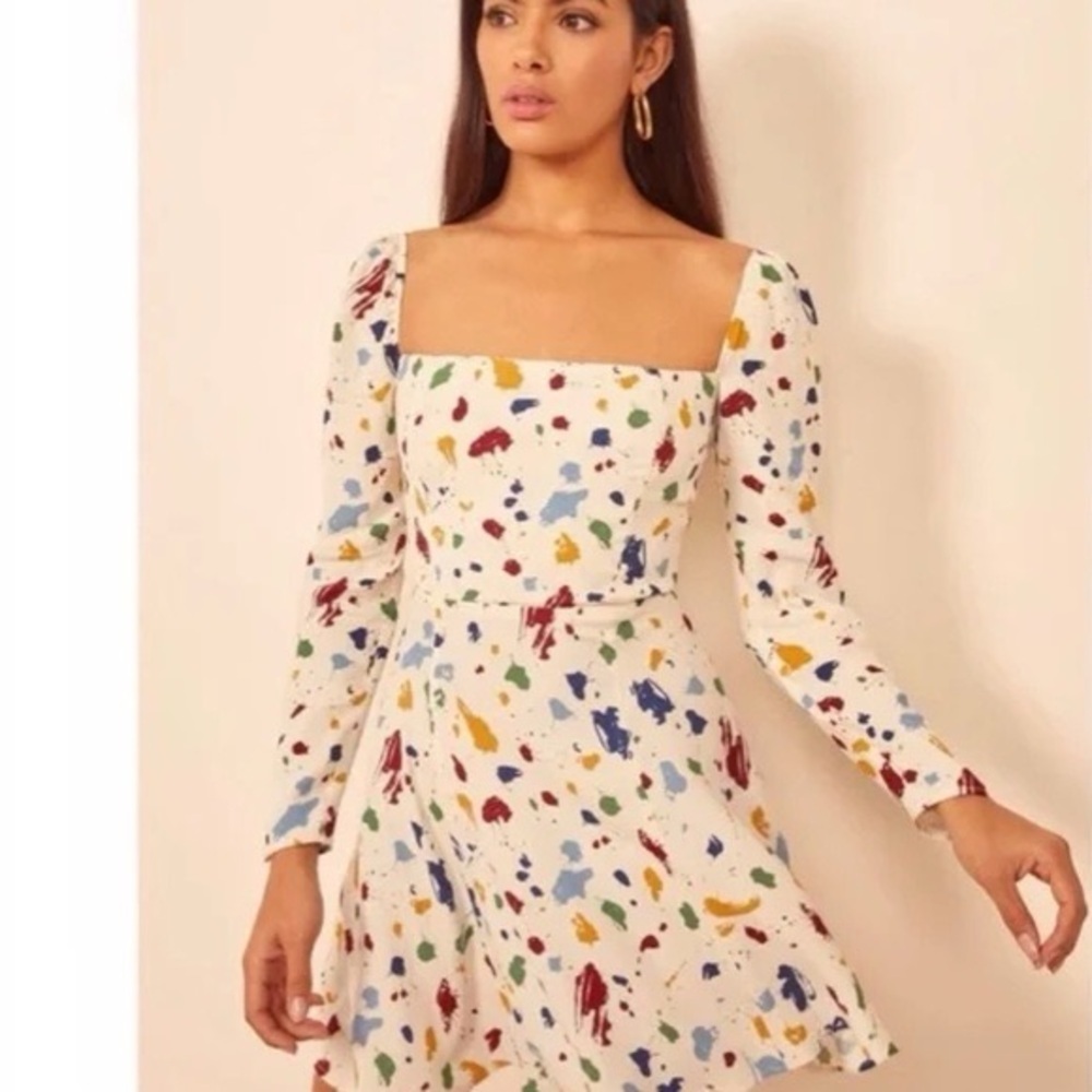 Reformation Women's Sidecar Dress in Painted Lady Splatter Paint Print Size 0